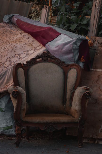 A vintage armchair with a carved wooden frame and upholstered backrest and seat cushion, positioned inside a room with wooden flooring and partially obscured by a large rolled-up fabric covering. To the left, a patterned rug or blanket is visible, and to the right, there are various green plants and wooden structures suggestive of an outdoor or semi-outdoor environment. The chair appears to be part of a home relocation or packing and moving process, possibly prepared for transport by [COMPANY_NAME]. The scene is illuminated by natural light, emphasizing the details of the furniture and surrounding materials, consistent with furniture transport or home removal activities as referenced on the page related to bulky item removals in Tolworth.