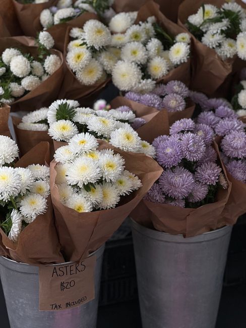Multiple bouquets of fresh chrysanthemums wrapped in brown paper are displayed inside large metal buckets on a pavement, with a white bucket containing purple chrysanthemums visible in the background. The bouquets include white and yellow chrysanthemums, along with purple blooms, and are arranged for display or sale. Some bouquets have a handwritten price tag indicating £1.20 each and mention tax inclusive. This outdoor setting may be part of a market or flower stall, with natural lighting highlighting the vibrant colours of the flowers. The presence of packaging materials and the arrangement suggest preparation related to home relocation or delivery services by Man With a Van Tolworth, focusing on packing and moving logistics.