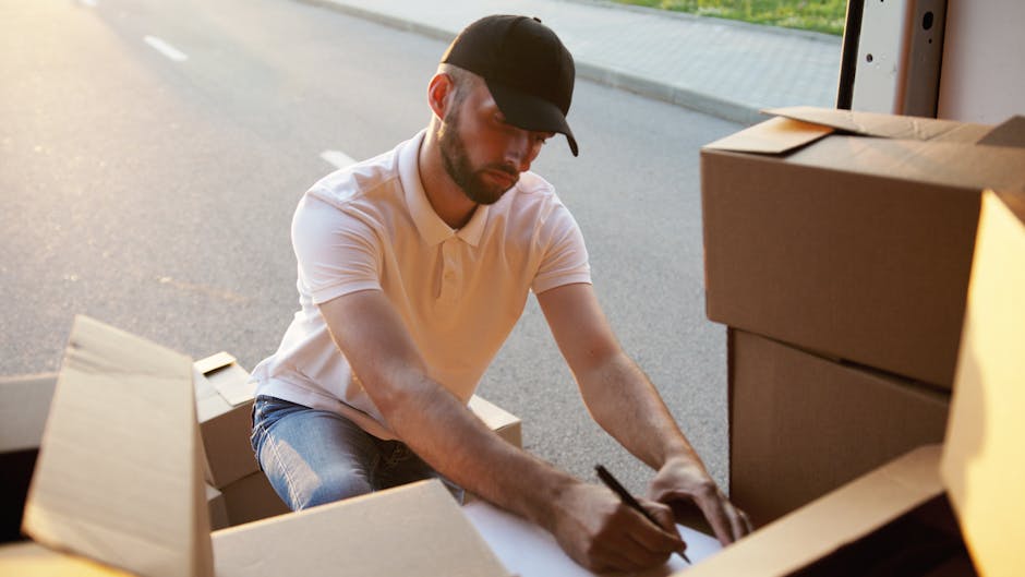 A man wearing a black cap and a white polo shirt is crouched outdoors near a doorway, surrounded by open cardboard boxes filled with packing materials, likely during a home relocation process. The man is writing on a sheet of paper placed inside one of the boxes, with additional packed boxes stacked nearby on a paved surface. The lighting suggests daytime, possibly late afternoon, with sunlight illuminating the scene. In the background, part of a vehicle and a pavement are visible, indicating that the packing and loading process is taking place outside a residential property. This image illustrates the packing stage of furniture transport and packing for a house removal, reflecting the logistical preparations involved in a professional relocation service like those offered by Man With a Van Tolworth. The focus on packing materials, cardboard boxes, and the outdoor loading context aligns with the logistics of house removals, particularly when obtaining necessary permits such as Kingston Council Permits for Tolworth removals, as explained on the relevant webpage.
